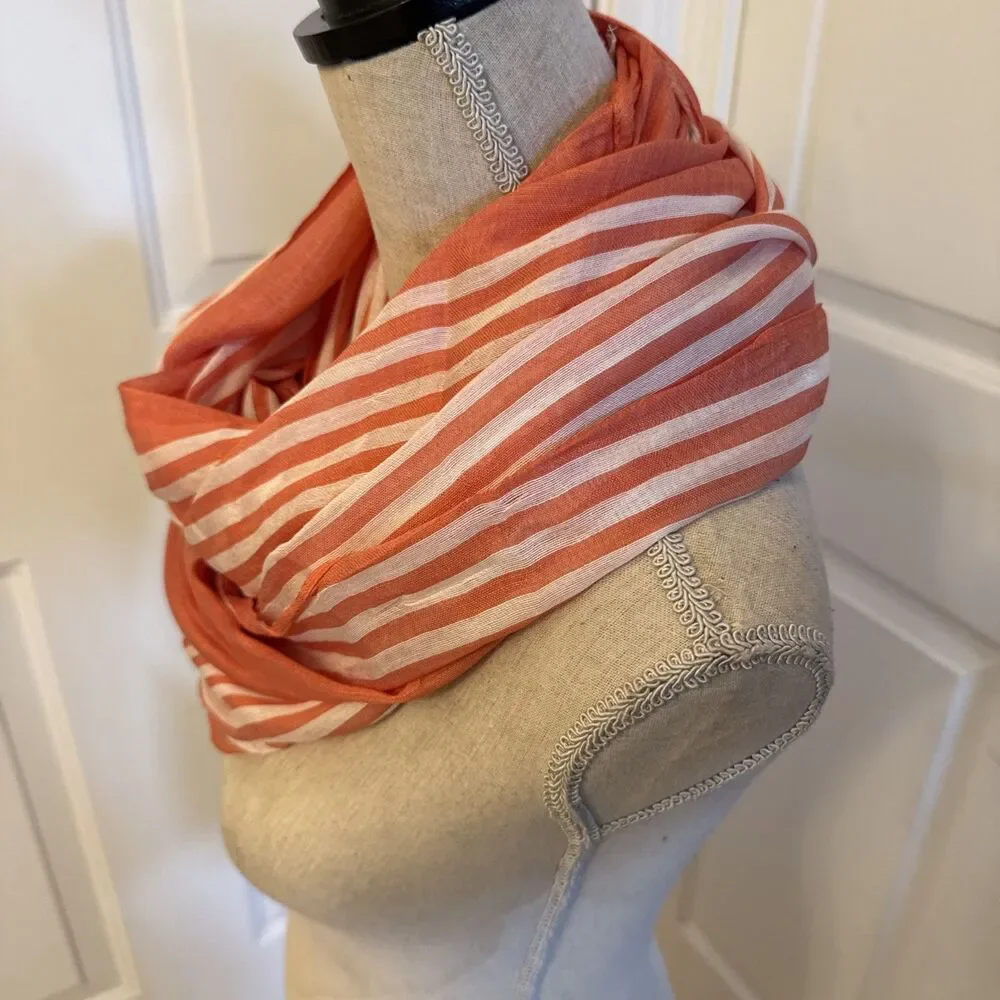 ORANGE & WHITE STRIPED Look Silk And Cotton Blend Infinity Scarf